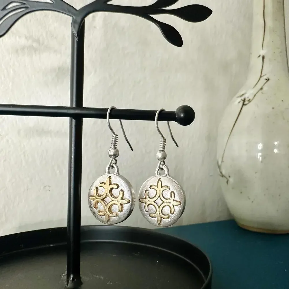 Open Cross Mismatched (Raised, Inlaid) Drop Silver- Gold-Tone Earrings - Picture 6 of 6
